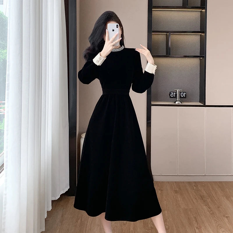 High Quality Fall Winter French Hepburn Velvet Evening Midi Dress