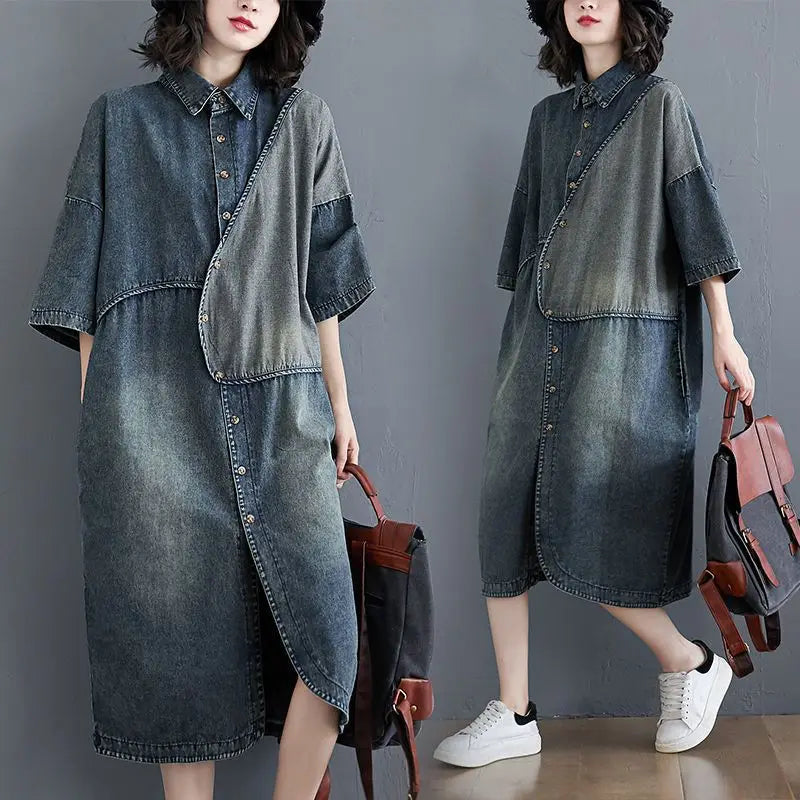 Fashion Lapel Button Pockets Loose Denim Casual Dresses Female Clothing 2024 Summer New Oversized All-match Midi Dress