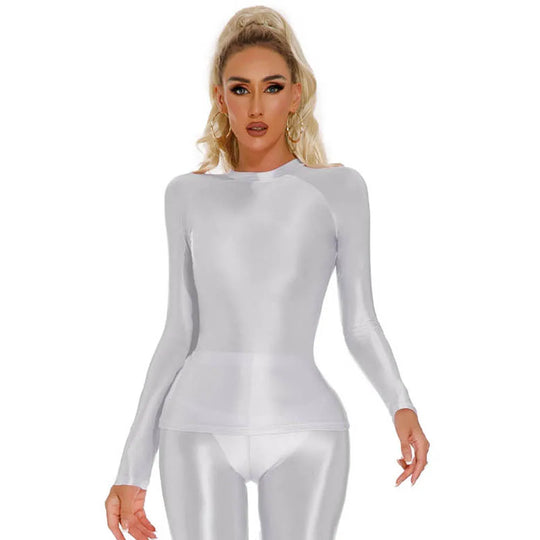 Glossy Shiny Elasitc Long Sleeve Shirt Women Fitness Gym Athletic Yoga Tshirt Tights Hot Sexy Tees Casual Crop Tops Bustier Top