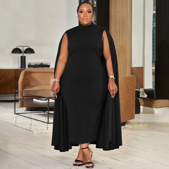 Curvy Women Plus Size Elegant Solid Women Dress Spring Long Cloak Sleeves Bodycon