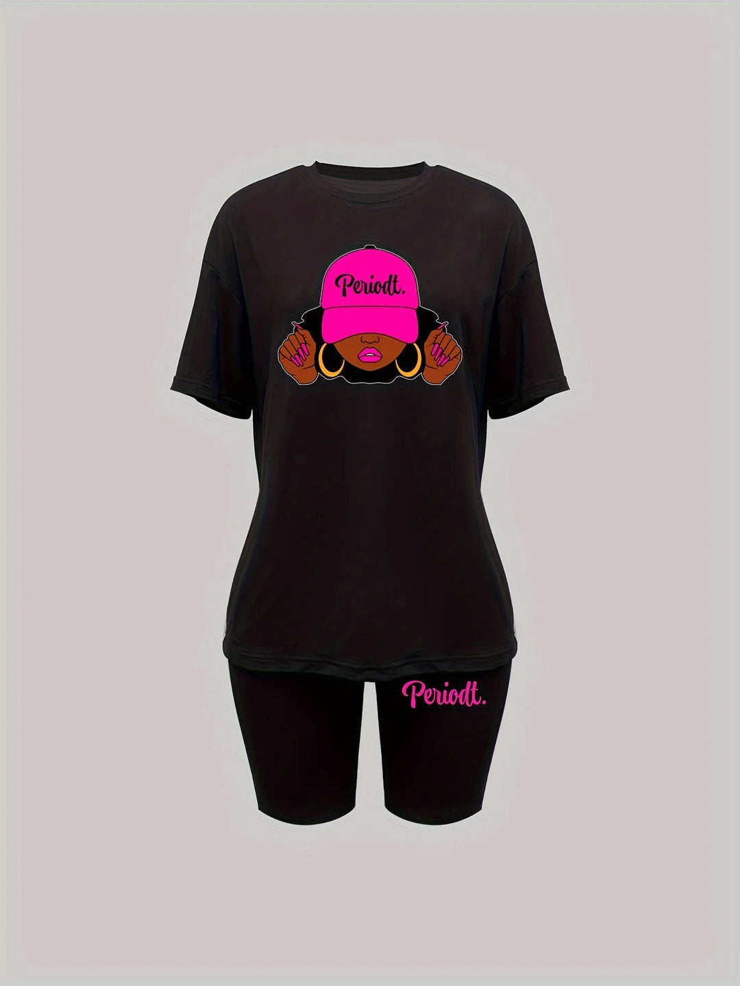 Women's summer casual loose fit large casual Graphic print round neck short sleeved T-shirt+shorts two-piece set