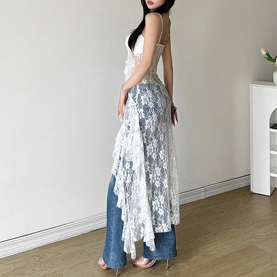 Women Dress Sexy Patchwork Mesh Strapless Irregular Waist Ruffled
