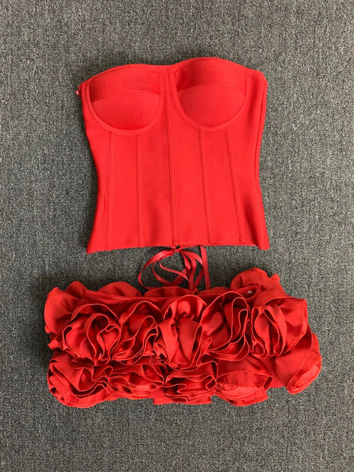 Women Red Evening Bandage Dress Hot Strapless Bodycon Flowers Hem