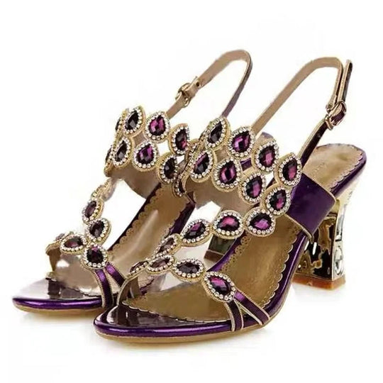 High Heels Sandals Women Summer Shoes Party Shoes Fashion Medium Heel Temperament Rhinestones Square Heel Leisure Sandals
