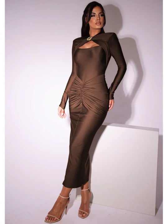 Articat Elegant Long Sleeved Elastic Tight Long Dress Women Bodycon