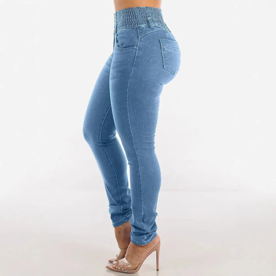Jeans Pencil Pants Women 2025 Skinny Trousers High Waist Strecth Washed Distressed Pockets Buttons Vintage Denims Streetwear