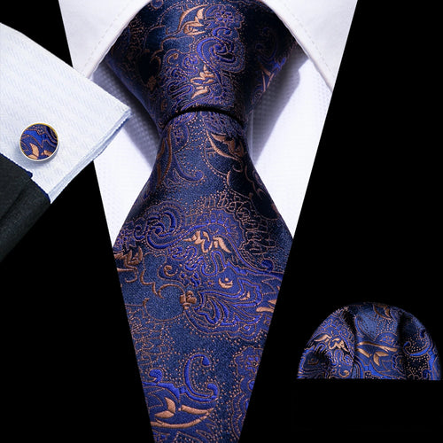 Men Tie Gold Navy Blue Striped Silk Tie 3.4" Jacquard Party