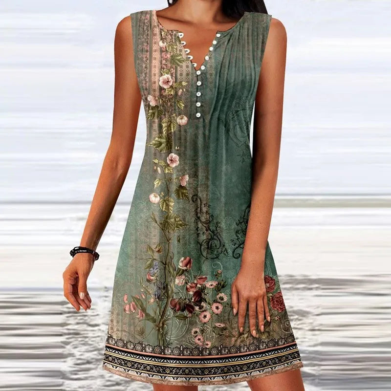 Summer Dress Women Sleeveless Button Dot Print Loose Dress Boho V Neck Casual Beach Holiday Dresses For Women