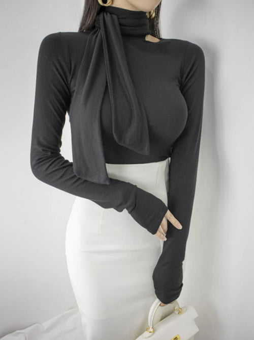 Solid Basic Long Sleeve Womens Tshirt Casual Black White Slim Fashion