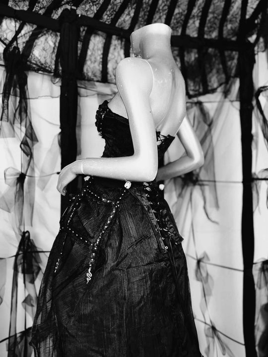 TDH Heavy Industries Handmade Pure Black Gothic Black Strap Drawstring Chest, Bird Cage, Affordable Bundle Body, Skincare Top