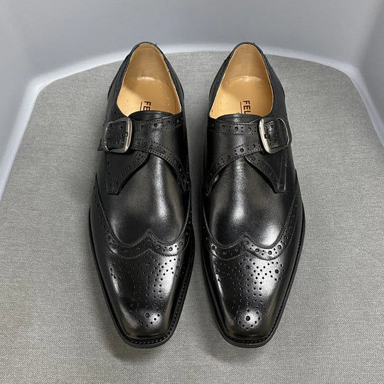 Men's Luxury Genuine Leather Wingtip Oxfords Italian Monk Strap Buckle Brogue Dress Shoes for Business Wedding Formal Wear
