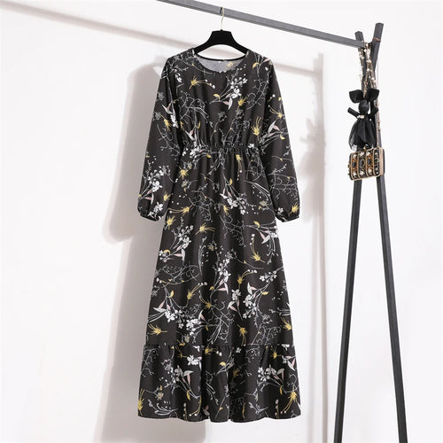 Spring Summer Women Maxi Dresses Casual Full Sleeve Floral Printed