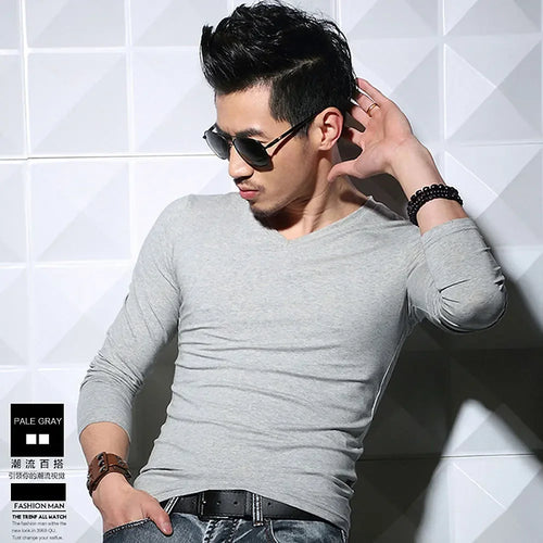 Lycra Cotton Men's T-Shirts Long Sleeve V Neck T Shirt MRMT Men