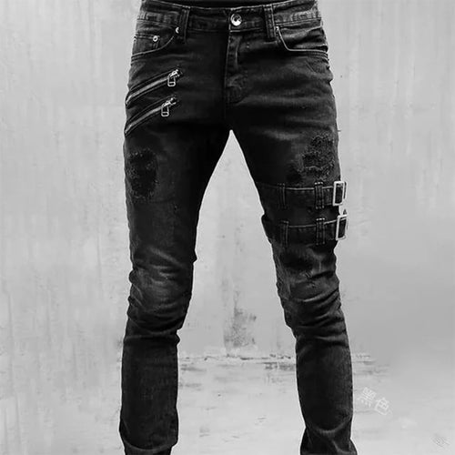 Street Skinny Ripped Jeans Men Denim Cargo Pants Wash Solid Color