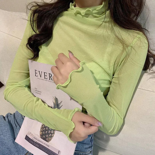 Sexy Women T Shirt See Through Transparent Tops Long Sleeve Ladies