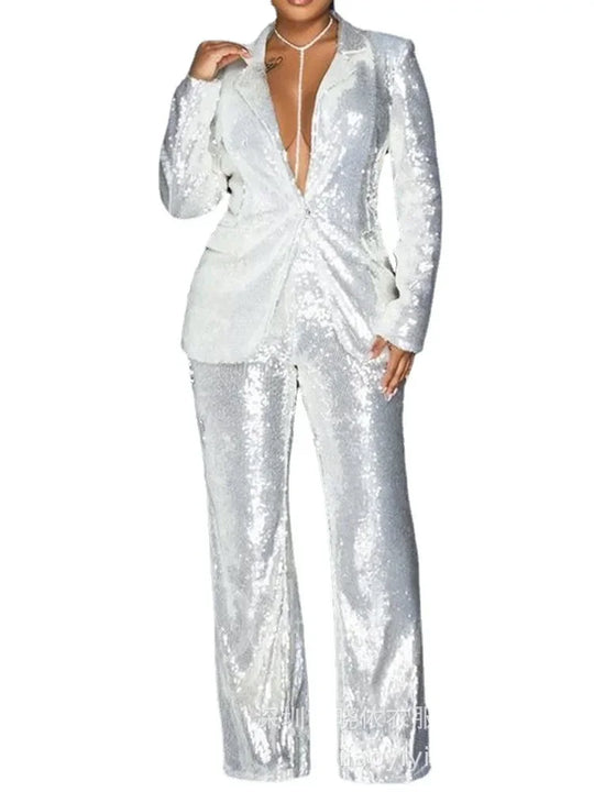 Women Two Piece Sets Sequin Blazer V Neck Full Sleeve Coats