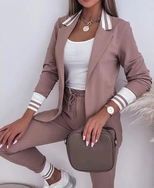 Women's Spring Double Breasted Blazer Office Pantsuit Striped Notched
