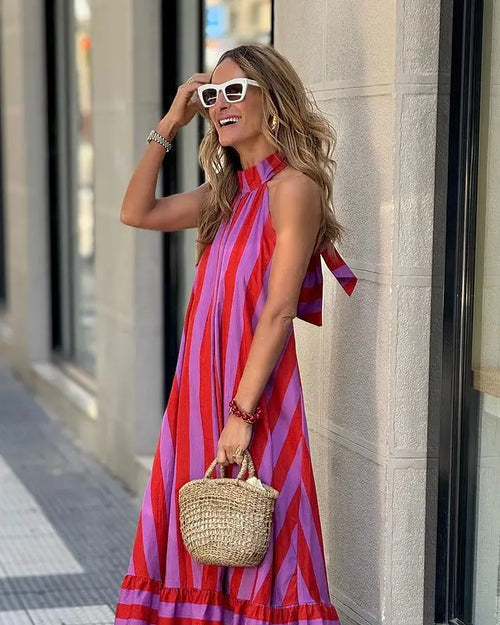 Stripe Print Halter Neck Long Dresses Women Fashion Backless Party