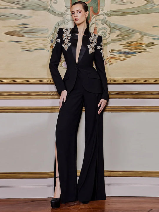 HIGH STREET Newest 2024 Designer Suit Women Beaded Diamonds Stand