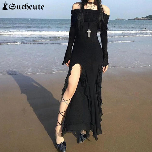 SUCHCUTE Elegant Off Shoulder Ruffles Split Long Dress Black Fashion