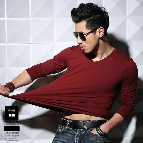 Lycra Cotton Men's T-Shirts Long Sleeve V Neck T Shirt MRMT Men