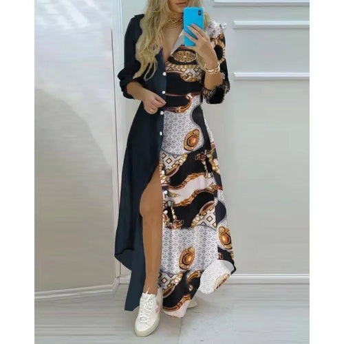 Women Boho Printed Long Shirts Dress Summer Turn-down Collar Long
