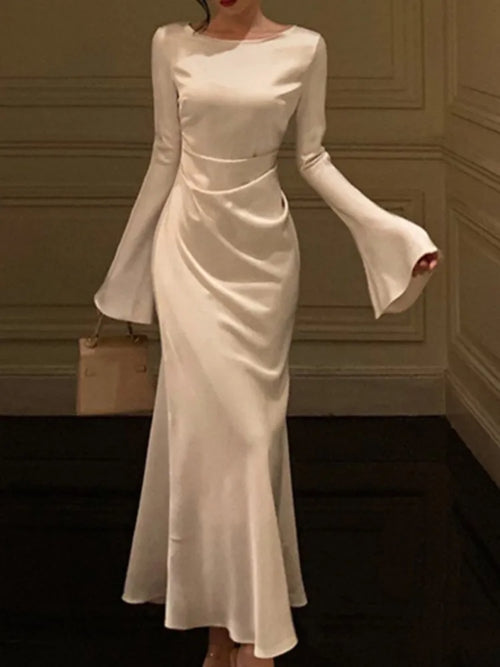Autumn Elegant Solid Midi Dress Women Flare Sleeve Slim Mermaid Spring
