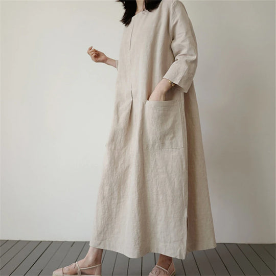 REALEFT 2024 New Cotton and Linen Women's Loose Long Dresses Pockets High Waist O-Neck Casual Straight Dress Female Summer