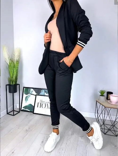 Women's Spring Double Breasted Blazer Office Pantsuit Striped Notched