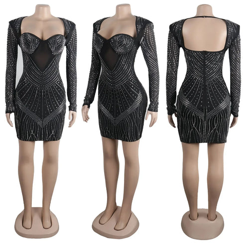 Sexy Bodycon Dress Women Long Sleeve Hollow Out Dress High Waist Low