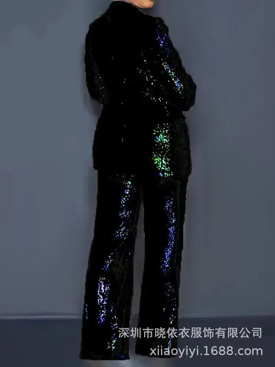 Women Two Piece Sets Sequin Blazer V Neck Full Sleeve Coats
