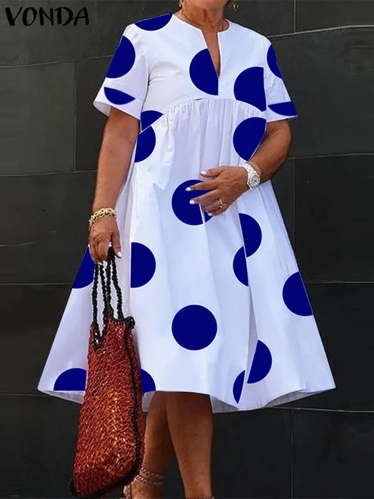 VONDA Plus Size 5XL Women Dress 2024 Summer Bohemian Polka Dot Maxi