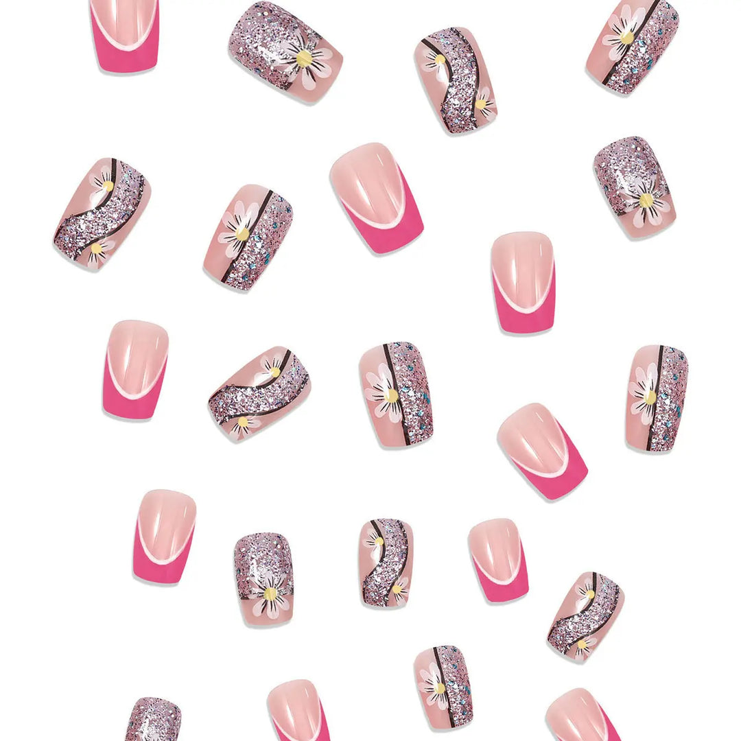 24pcs/set short saure fake nails for Spring summer season french style flowers butterfly design press on false nail art tips