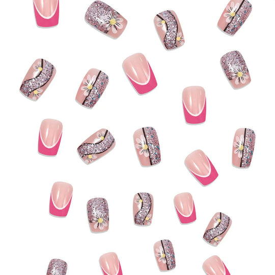 24pcs/set short saure fake nails for Spring summer season french style flowers butterfly design press on false nail art tips