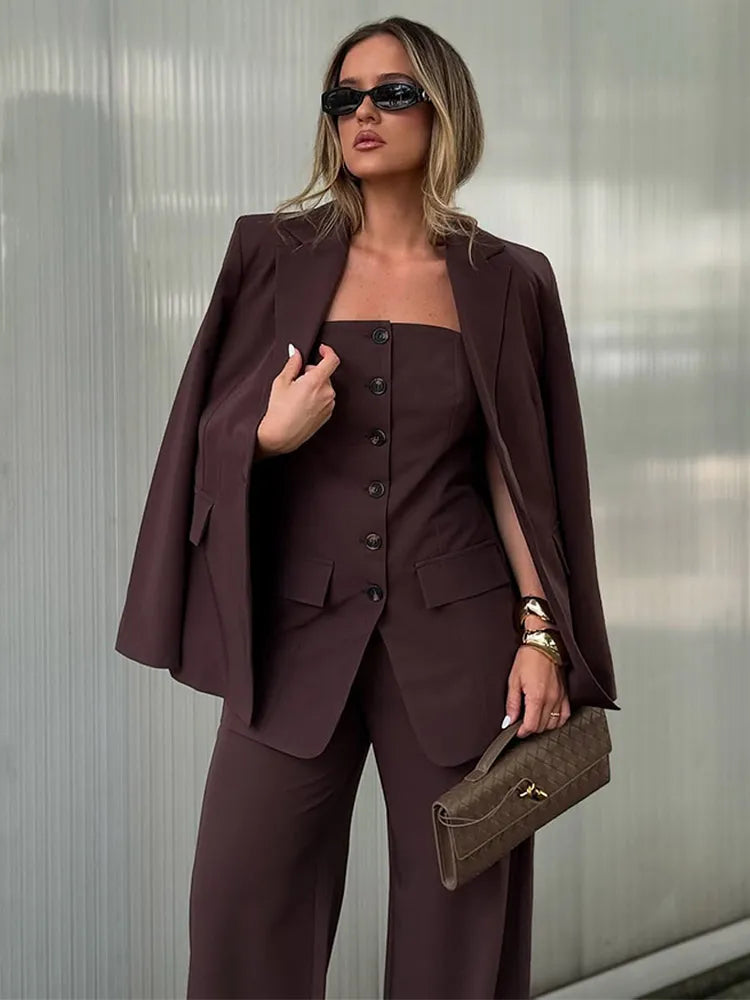 Women Brown Blazer Coat Pant Sets Chic Lapel Long Sleeve Jacket Slim