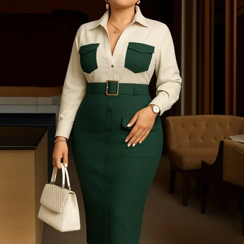 Elegant Church Dresses Long Sleeves Turn Down Collar Women Color Block Patchwork Office Ladies Work Business Autumn African New