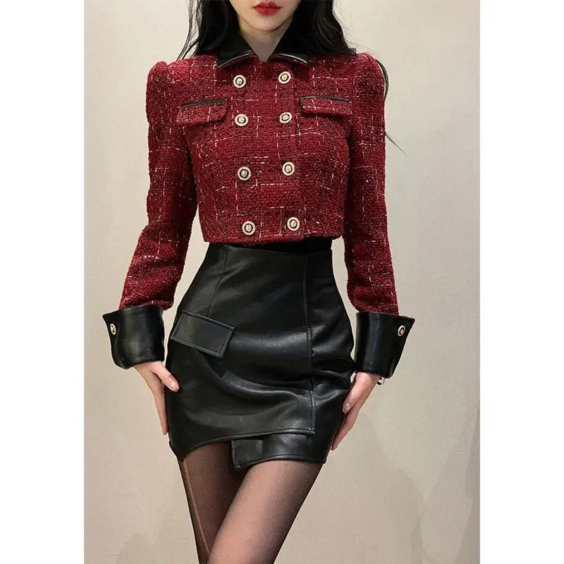 Vintage Cropped Tweed Jacket Women Elegant Blazers Korean Patchwork