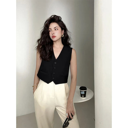 MEXZT Elegant Cropped Blazer Vest Women Vintage Black Suit Waistcoat