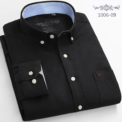 New Men's Long Sleeve Oxford PlaidStriped Casual Shirt Front Patch