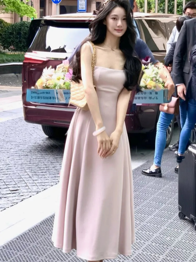 2024 Summer Solid Midi Dress Women French Elegant Holiday Party