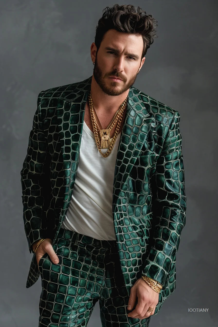 Fashion American Slim Men's Suit Men's Leopard Print Suit Casual Party Crocodile Suit Jacket Coat Bar Wedding Performance Set