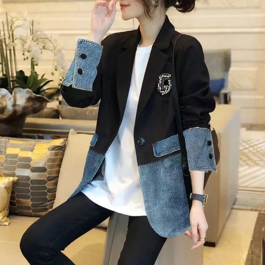 Denim Splice Coat Jacket Women Blazer 2024 Spring And Summer New