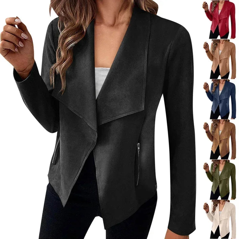 Women's Suit Jacket Solid Suede Lapel Zipper Pocket Office Commuting