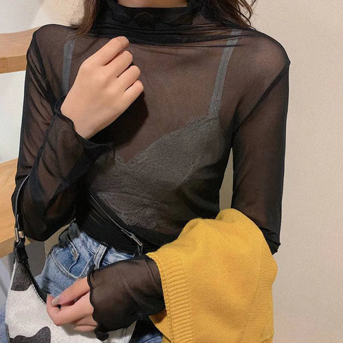 Sexy Women T Shirt See Through Transparent Tops Long Sleeve Ladies
