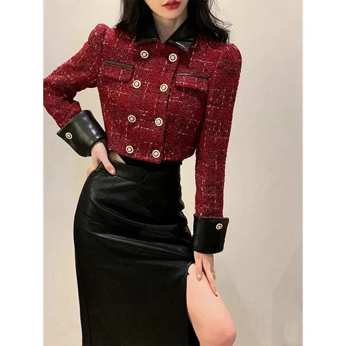Vintage Cropped Tweed Jacket Women Elegant Blazers Korean Patchwork