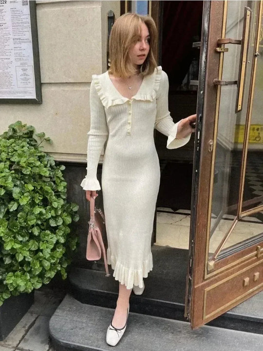 Tossy Ruffled Patchwork Knit Maxi Dress For Women Elegant Ribbed Long
