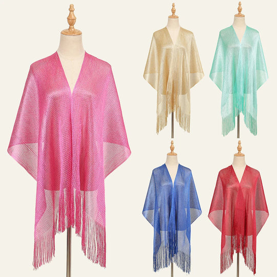 Shiny Bright Silk Scarf Women Evening Dress Shawl Tassel Gold Silver