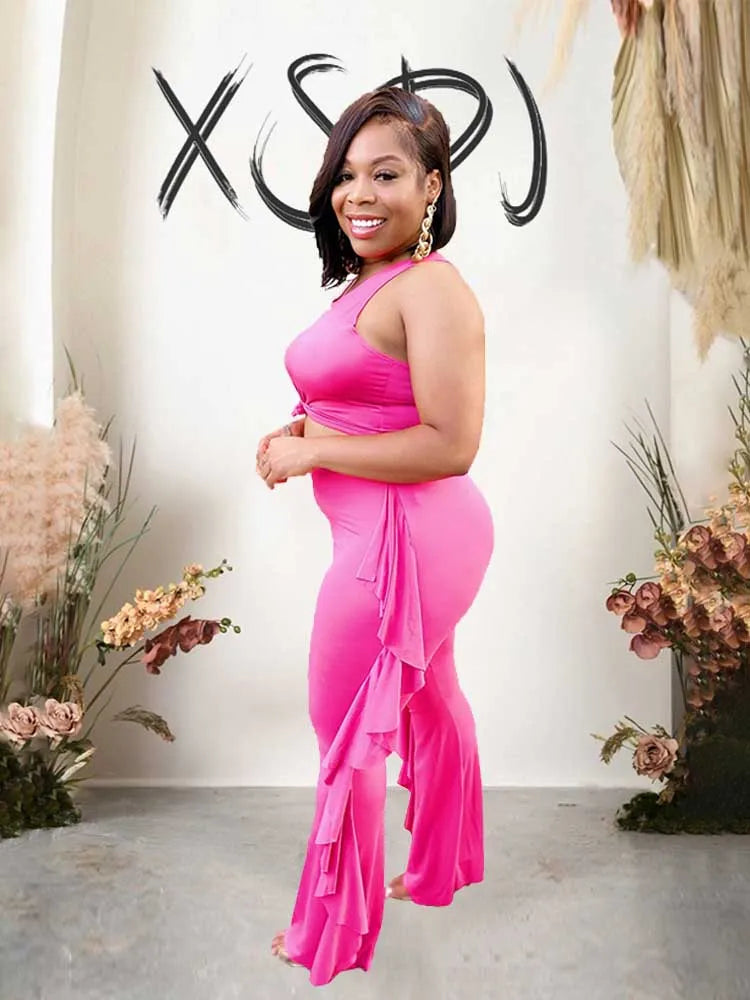 Style Plus Size Women Clothing Summer Two-piece Set Solid Color Tank Top Ruffle Pant Set Lady Trendy Suit Wholesale Dropshipping