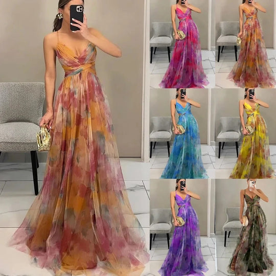 Spring/Summer New Mesh Printed Sling Dress Vacation Casual Gathering Dress