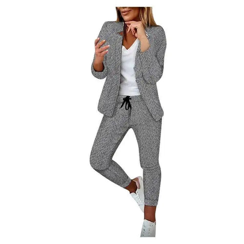 Women Print Blazer Suits Two Piece Pant Sets V Neck Coats Outerwear